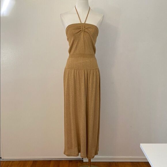BCBG Gold Metallic Sweater Knit Halter Midi Dress Size Large - Picture 2 of 13